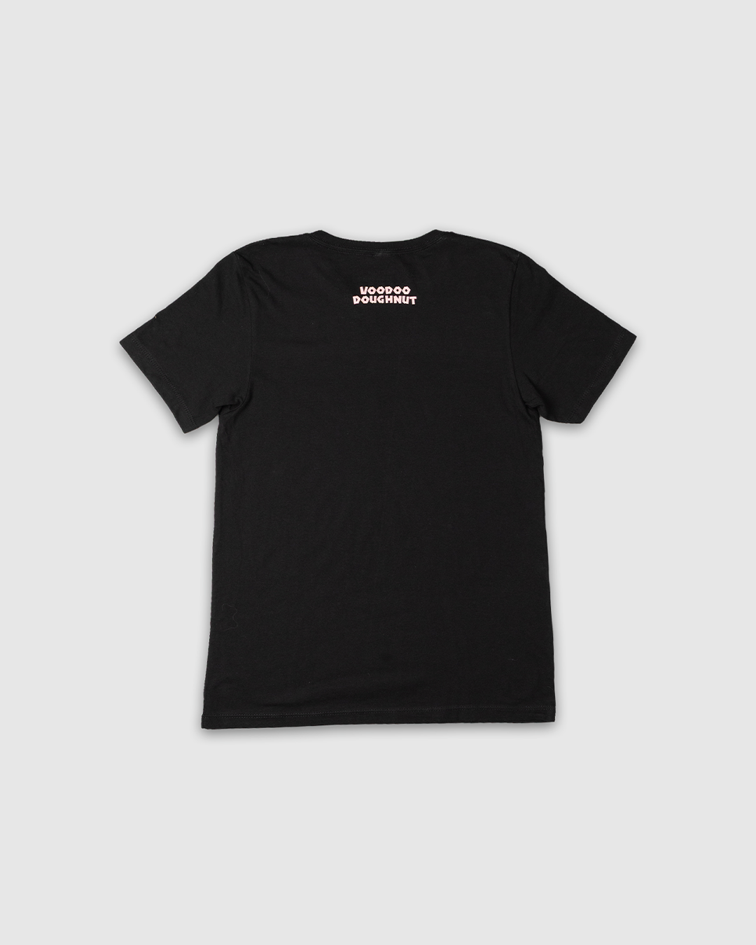 Black t-shirt with light pink "Voodoo Doughnut" text near neck line