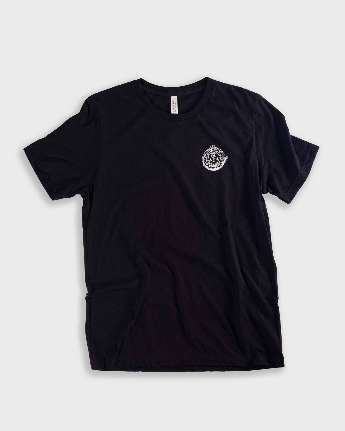 black t-shirt with white voodoo baron logo on front left chest