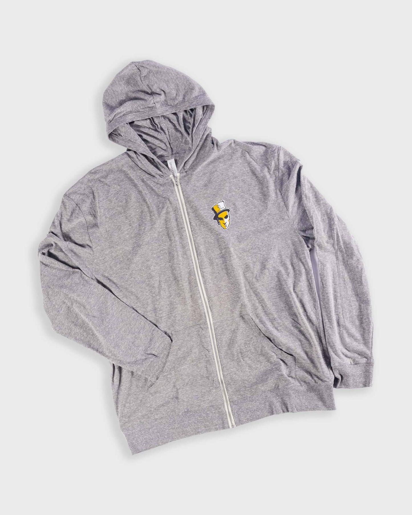 grey full-zip hoodie with voodoo baron mark on left chest