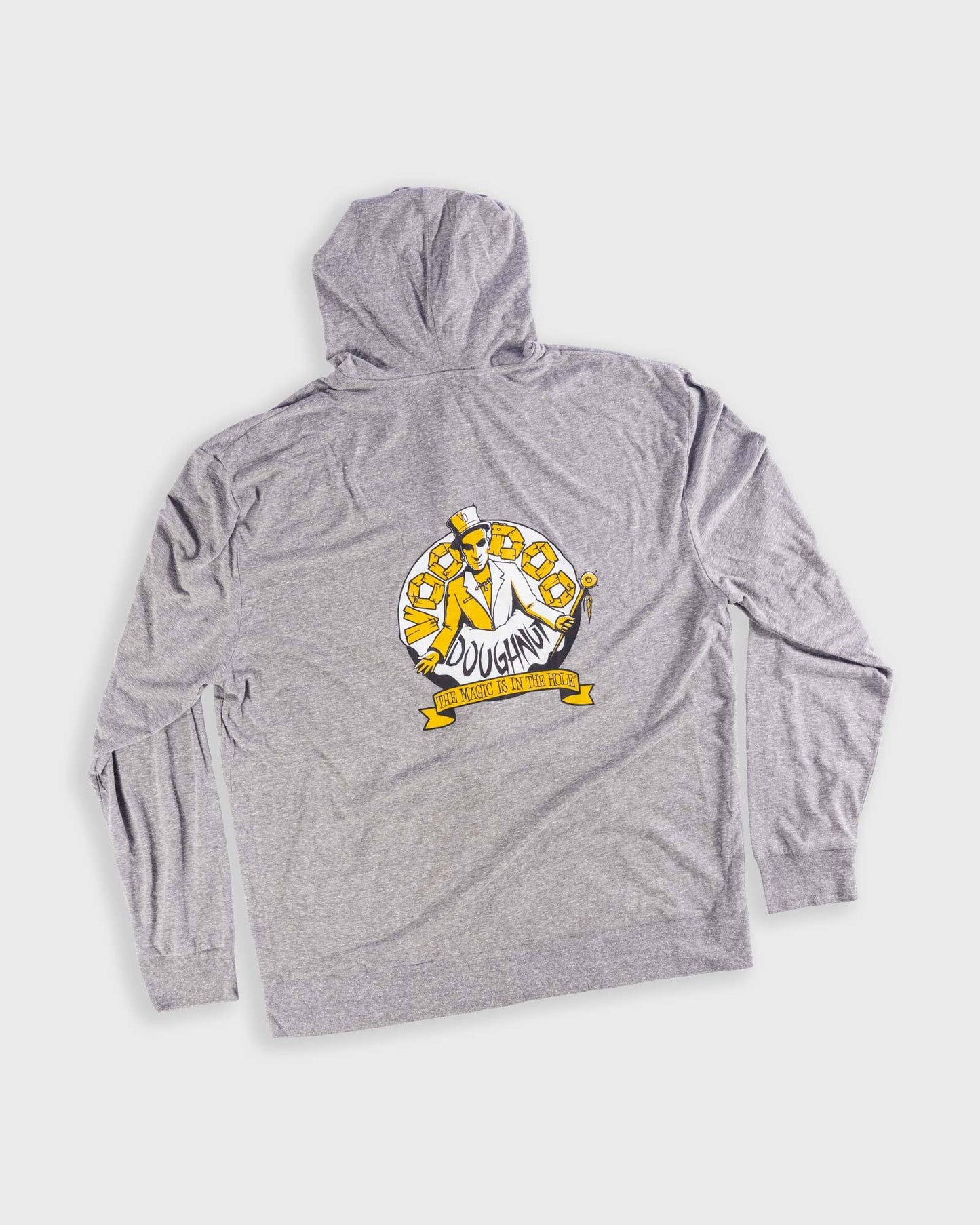 grey full-zip hoodie with voodoo baron mark on center of back
