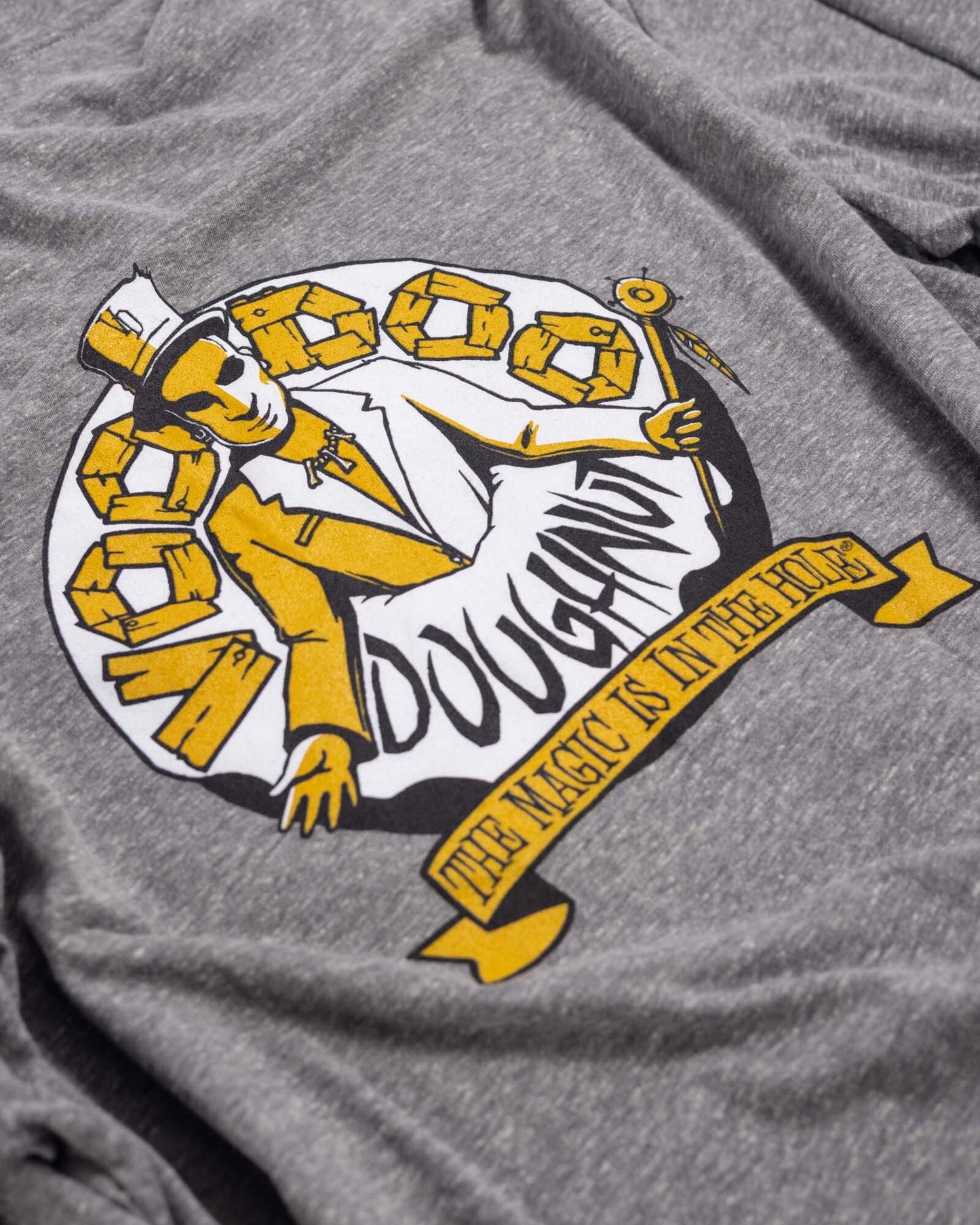 grey full-zip hoodie with voodoo baron mark on center of back