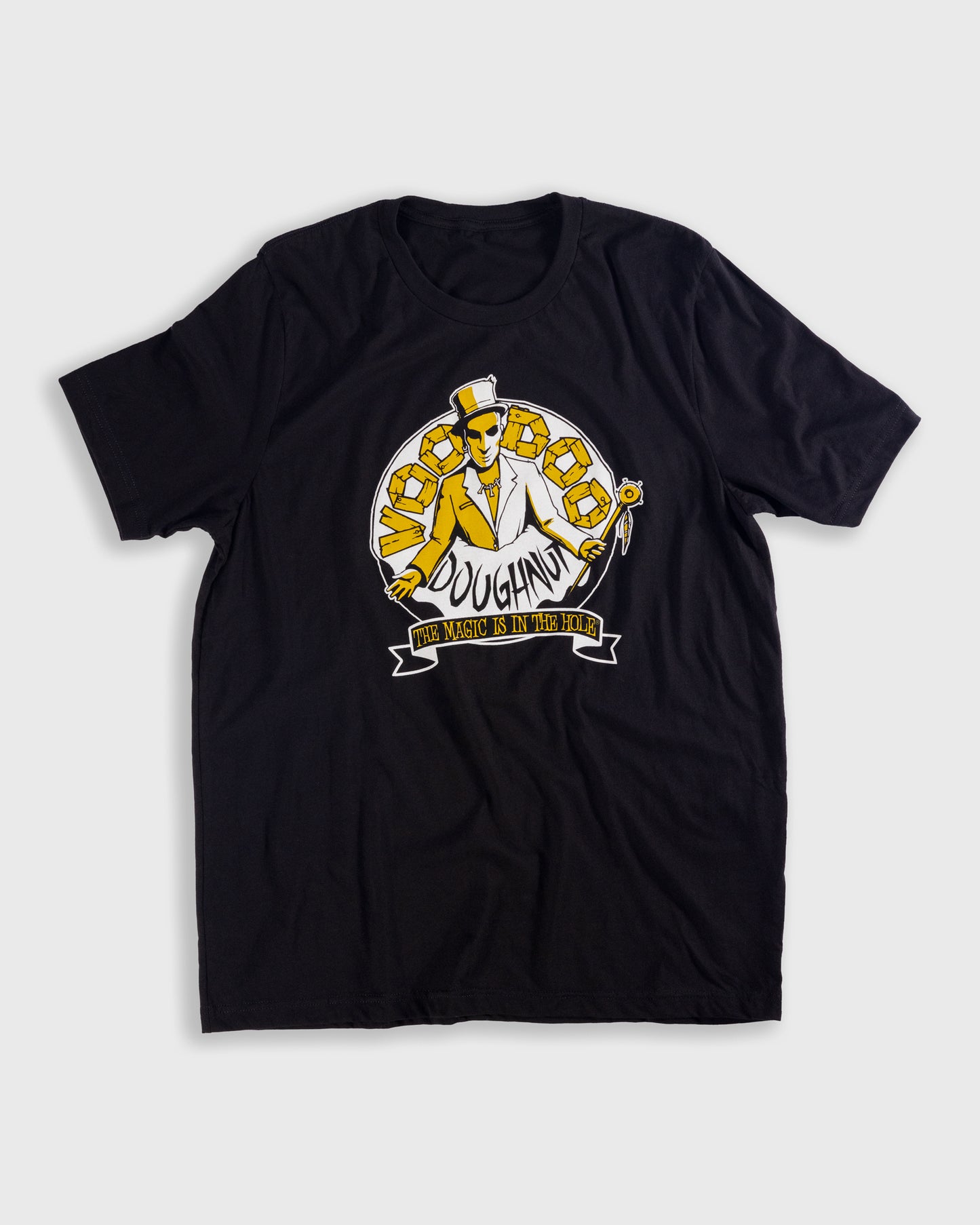 black t-shirt "Voodoo Doughnut" "The Magic is in the Hole"