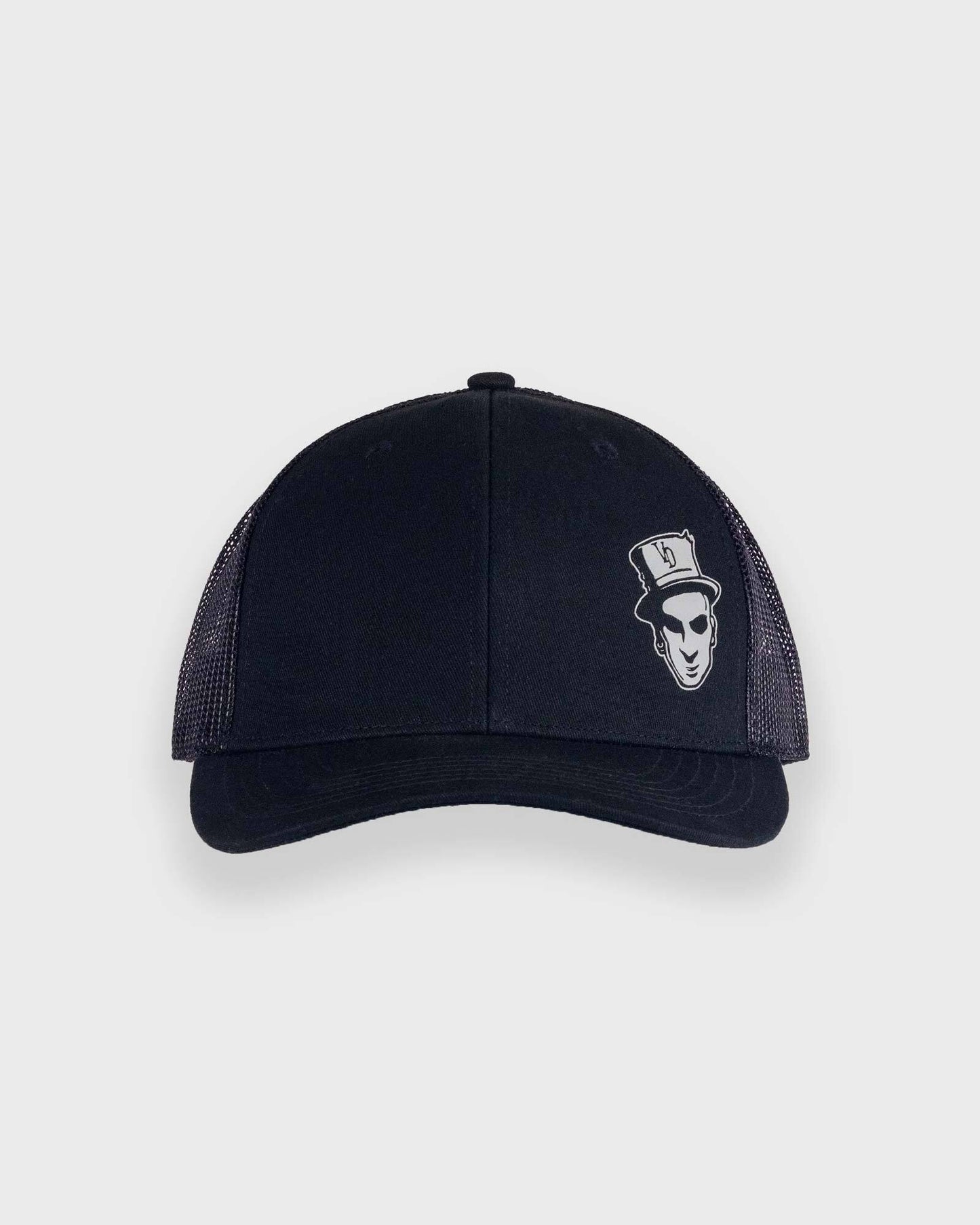 black trucker cap with voodoo baron mark