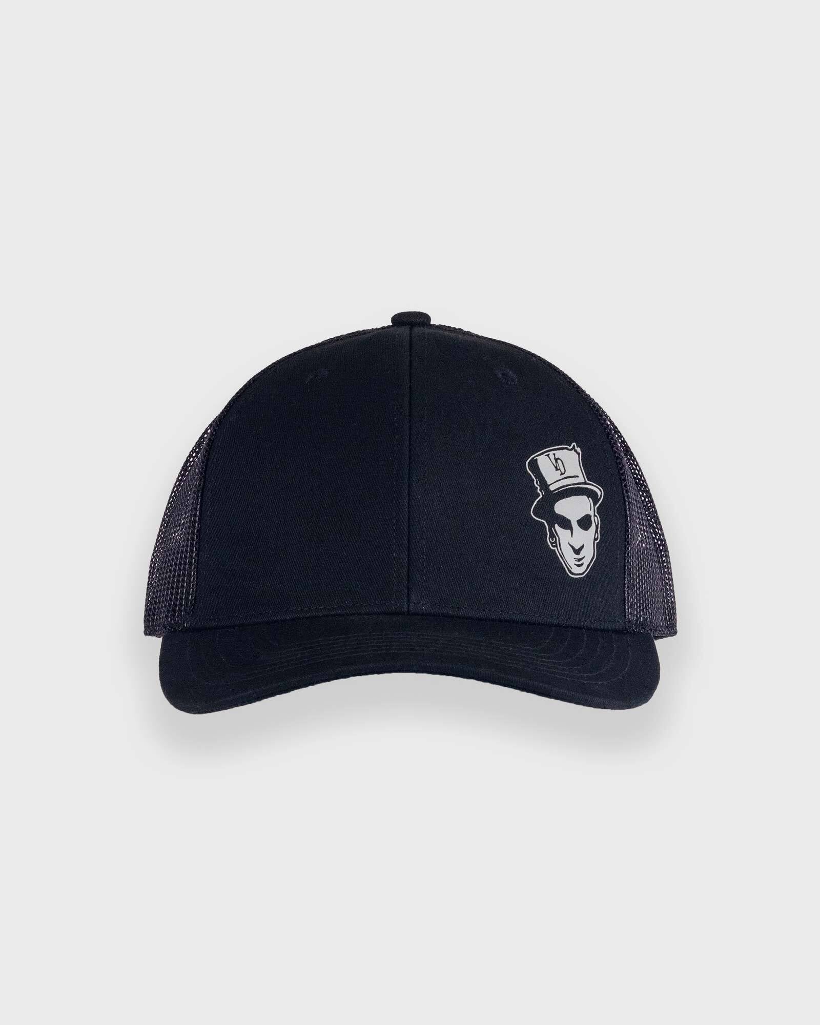 black trucker cap with voodoo baron mark