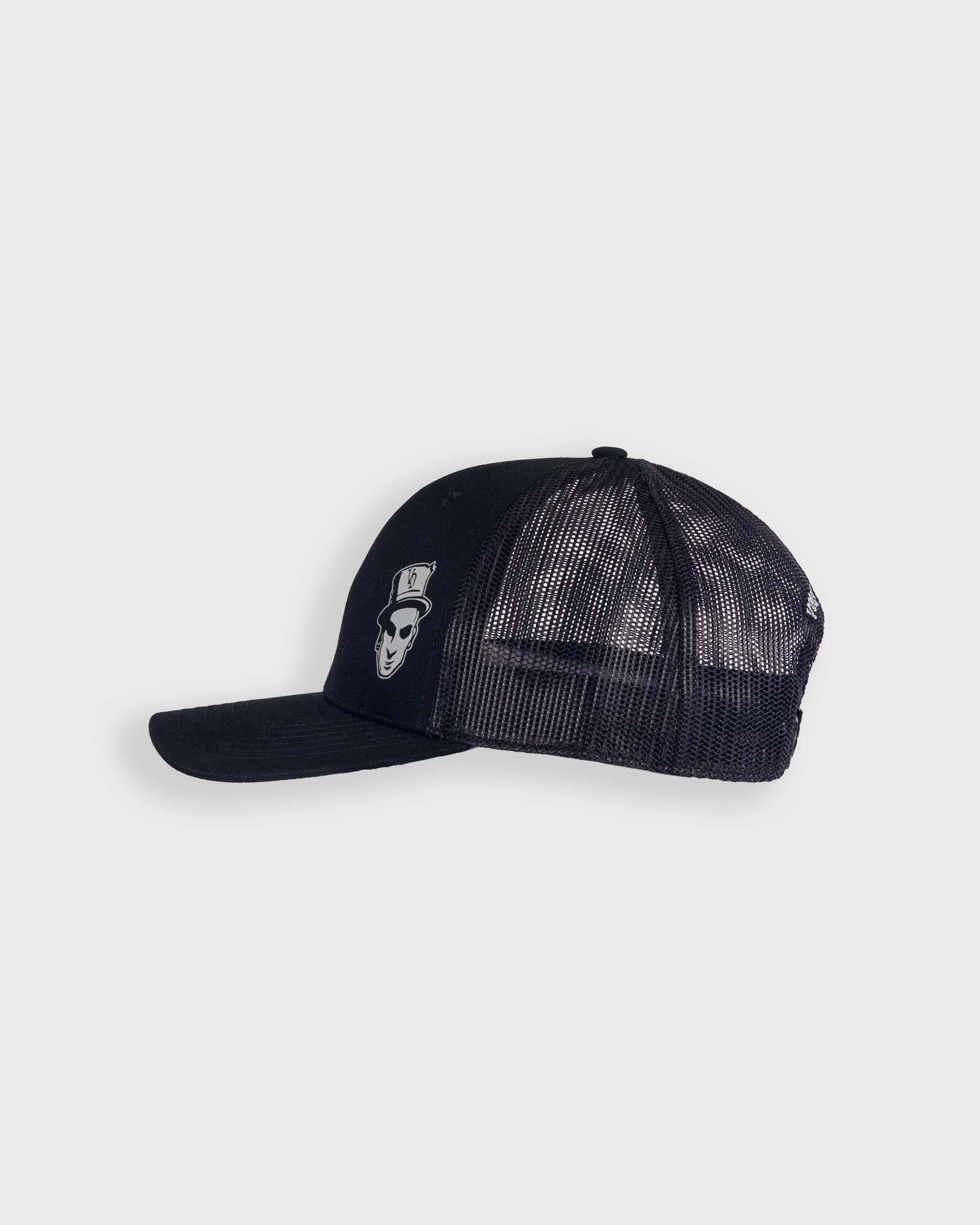 black trucker cap with voodoo baron mark