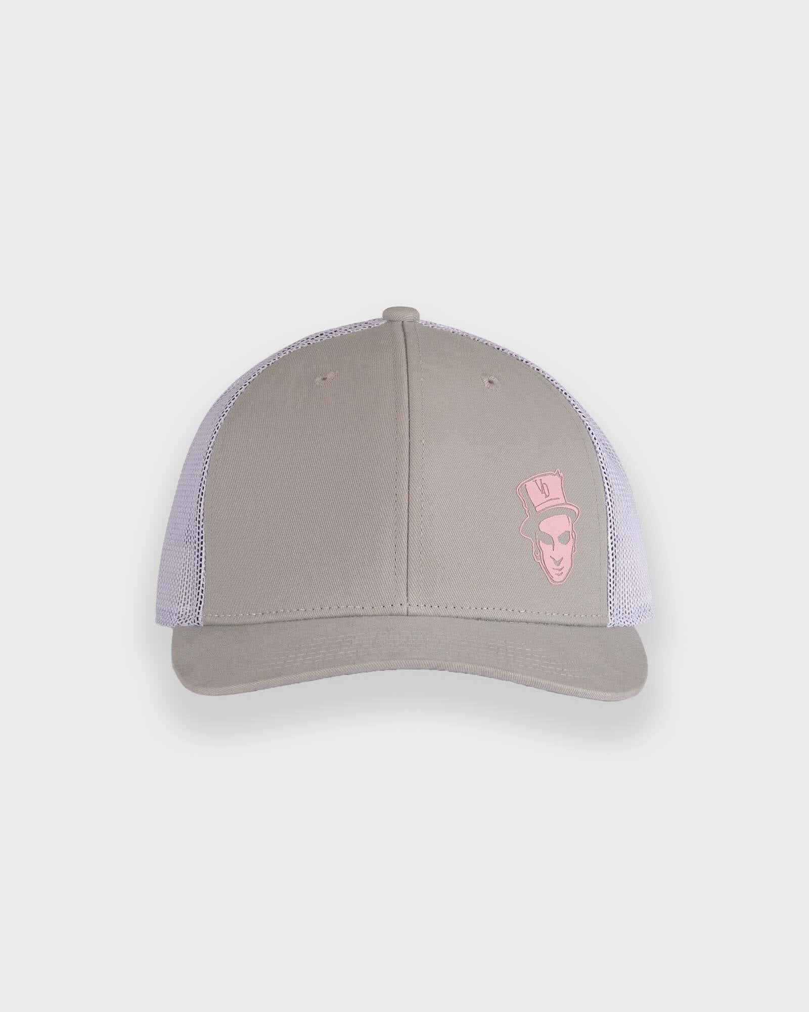 grey trucker cap with voodoo baron featured on left front panel