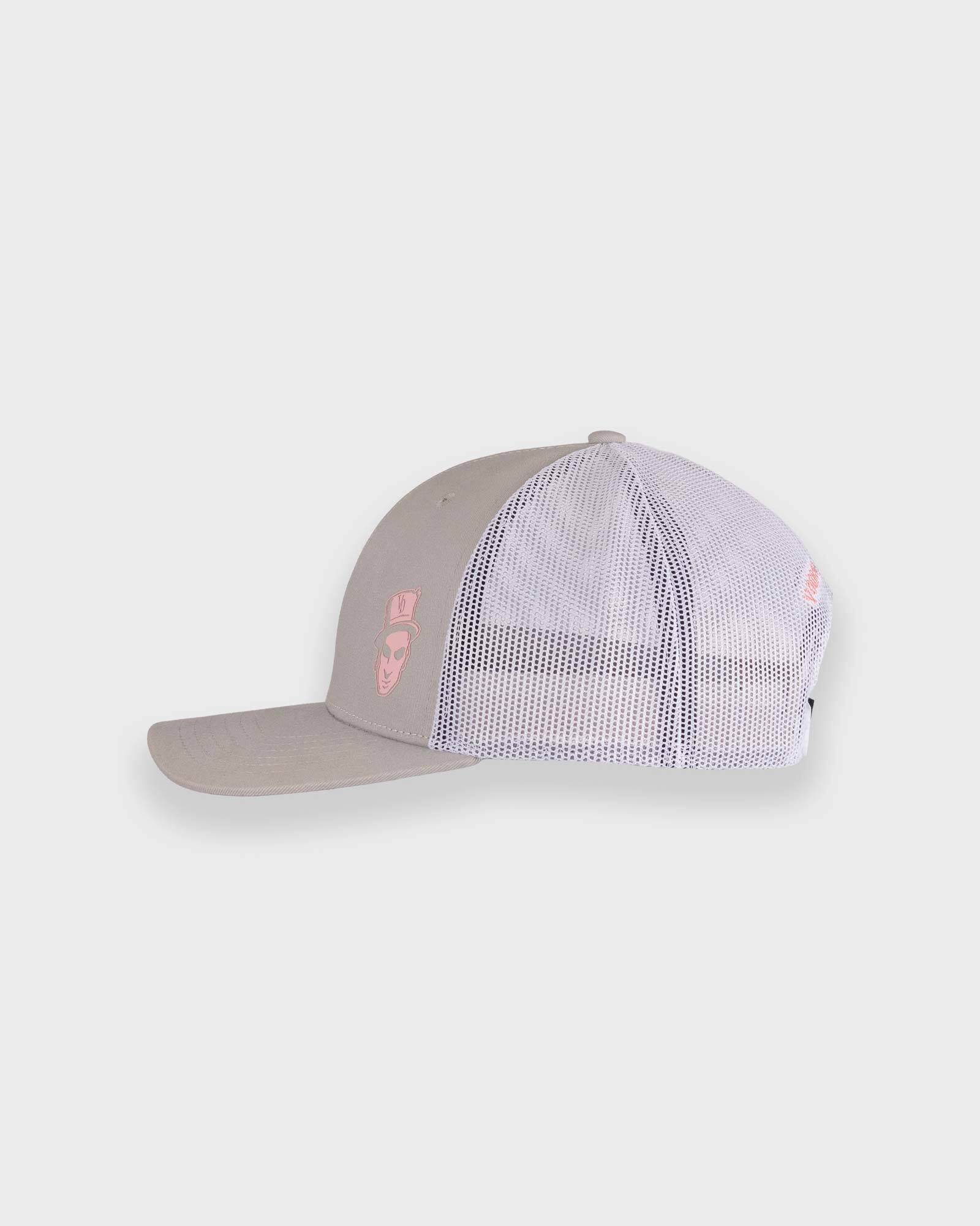 grey trucker cap with voodoo baron featured on left front panel