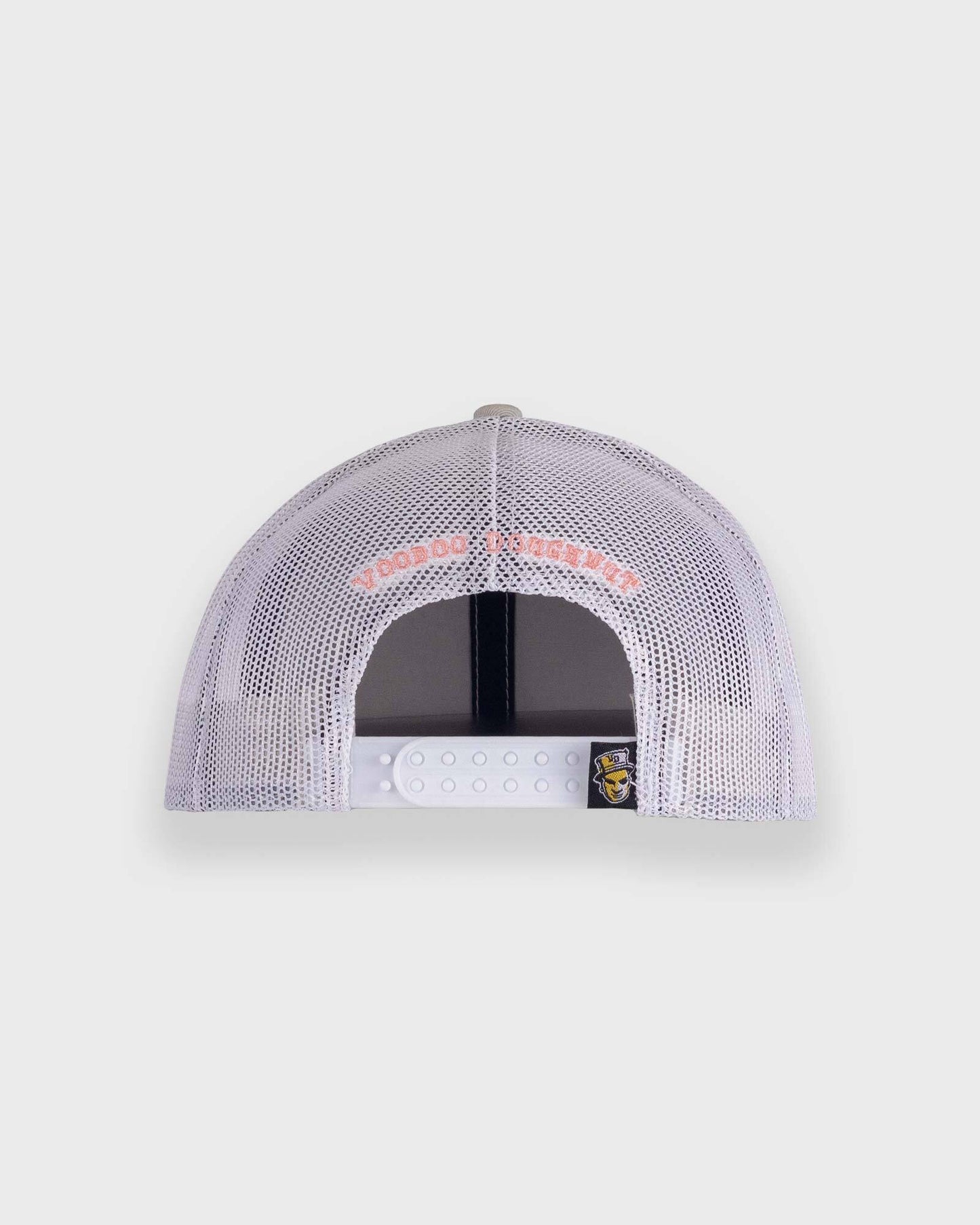 grey trucker cap with voodoo baron featured on left front panel