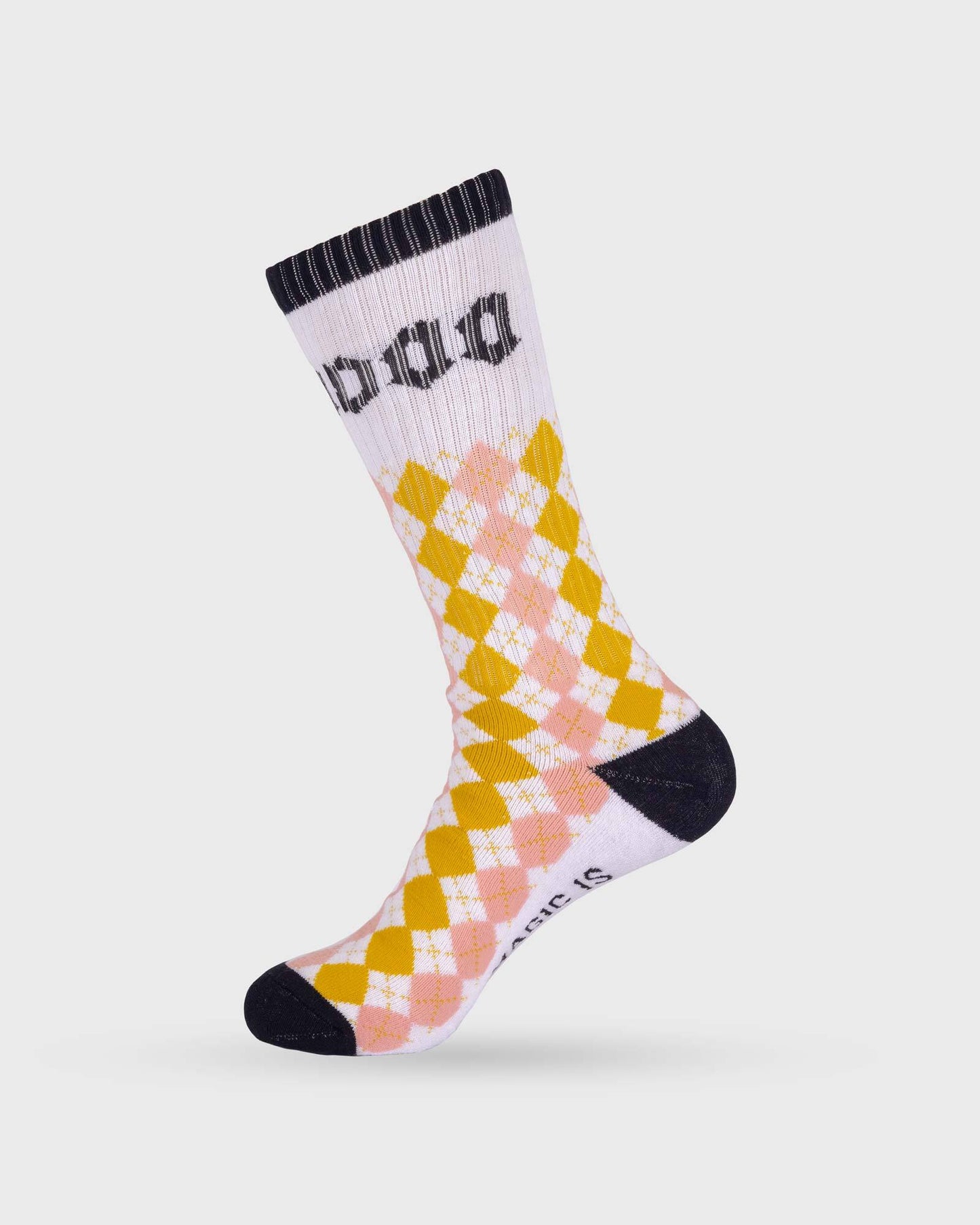 white voodoo socks with gold, pink and black graphics