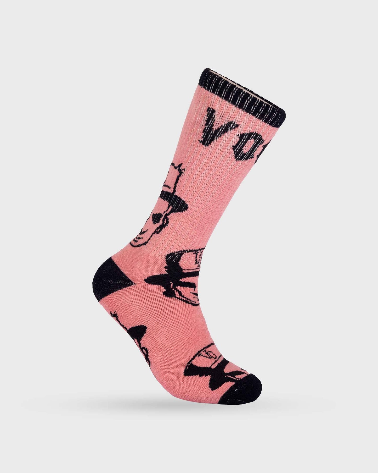 pink voodoo socks with black graphics