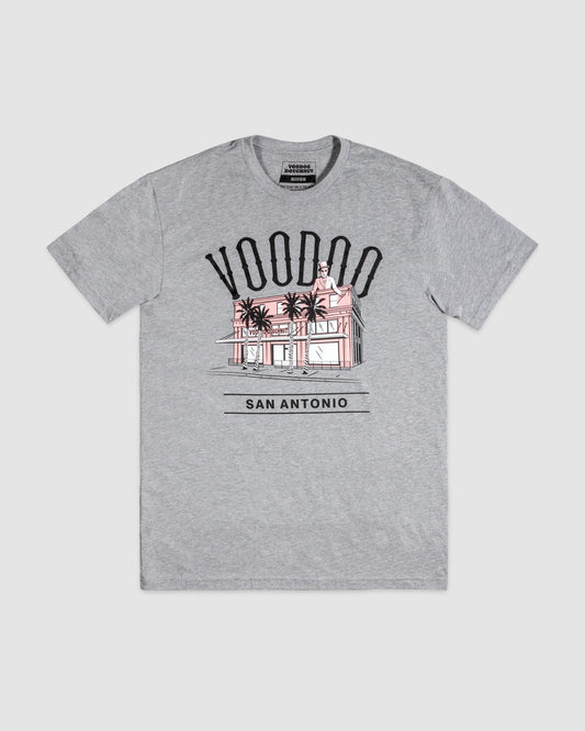Gray t-shirt with 'Voodoo San Antonio' graphic design