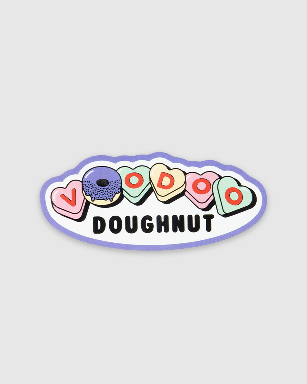 Colorful sticker with 'Voodoo Doughnut' text on a light gray background