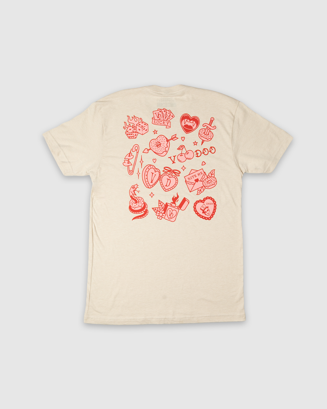 Beige t-shirt with red graphic designs