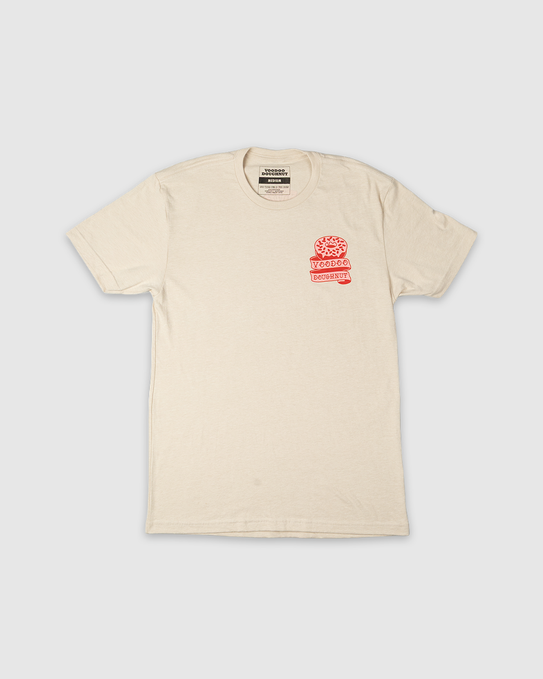 Beige t-shirt with red graphic design