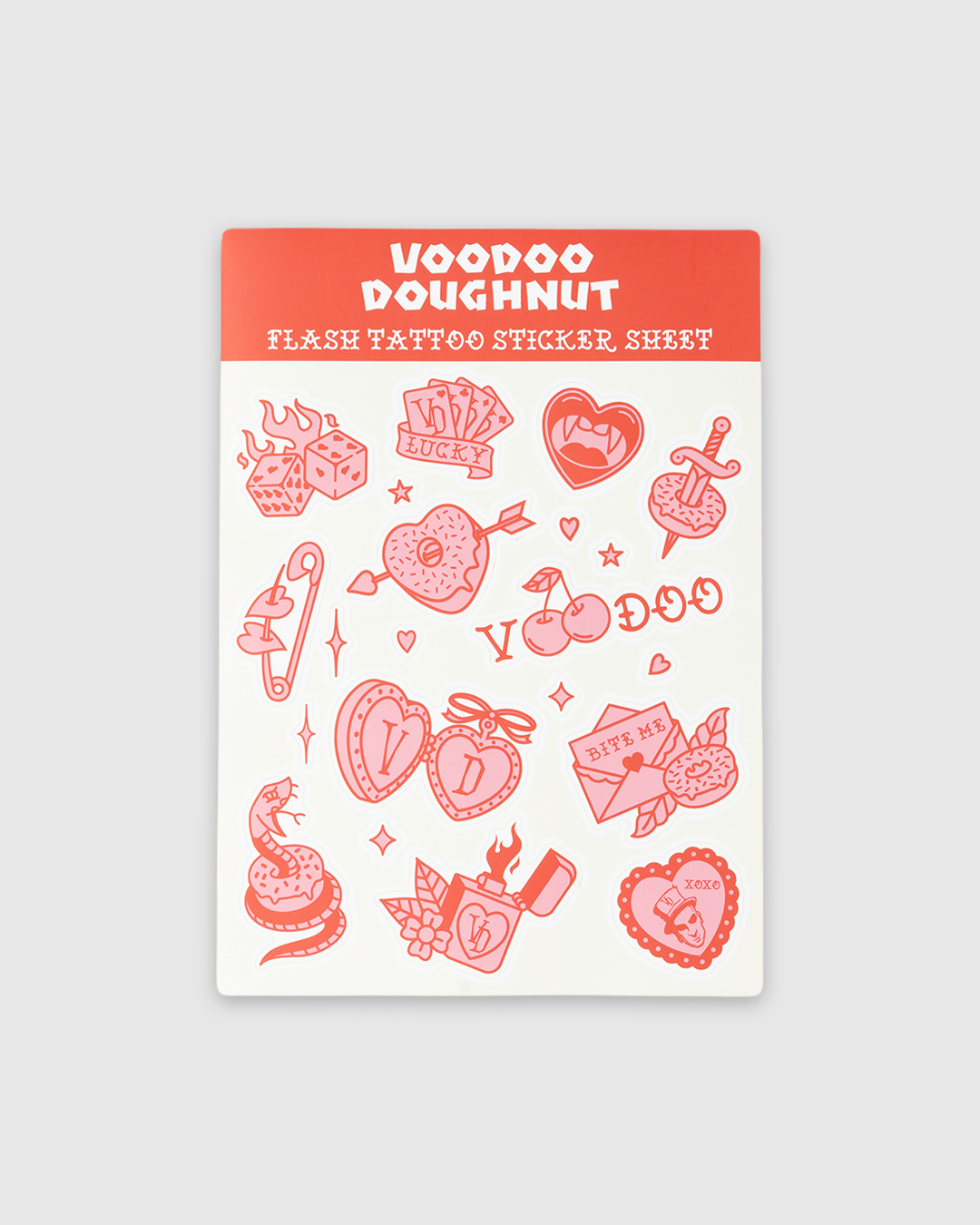Voodoo Doughnut flash tattoo sticker sheet with red designs on a white background