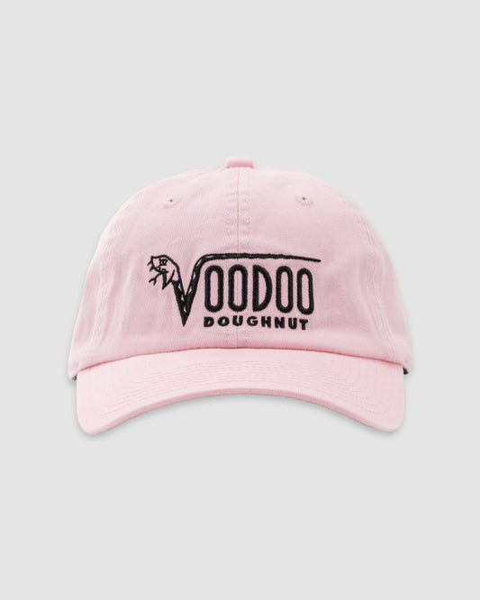 Pink cap with 'Voodoo Doughnut' logo on a light gray background
