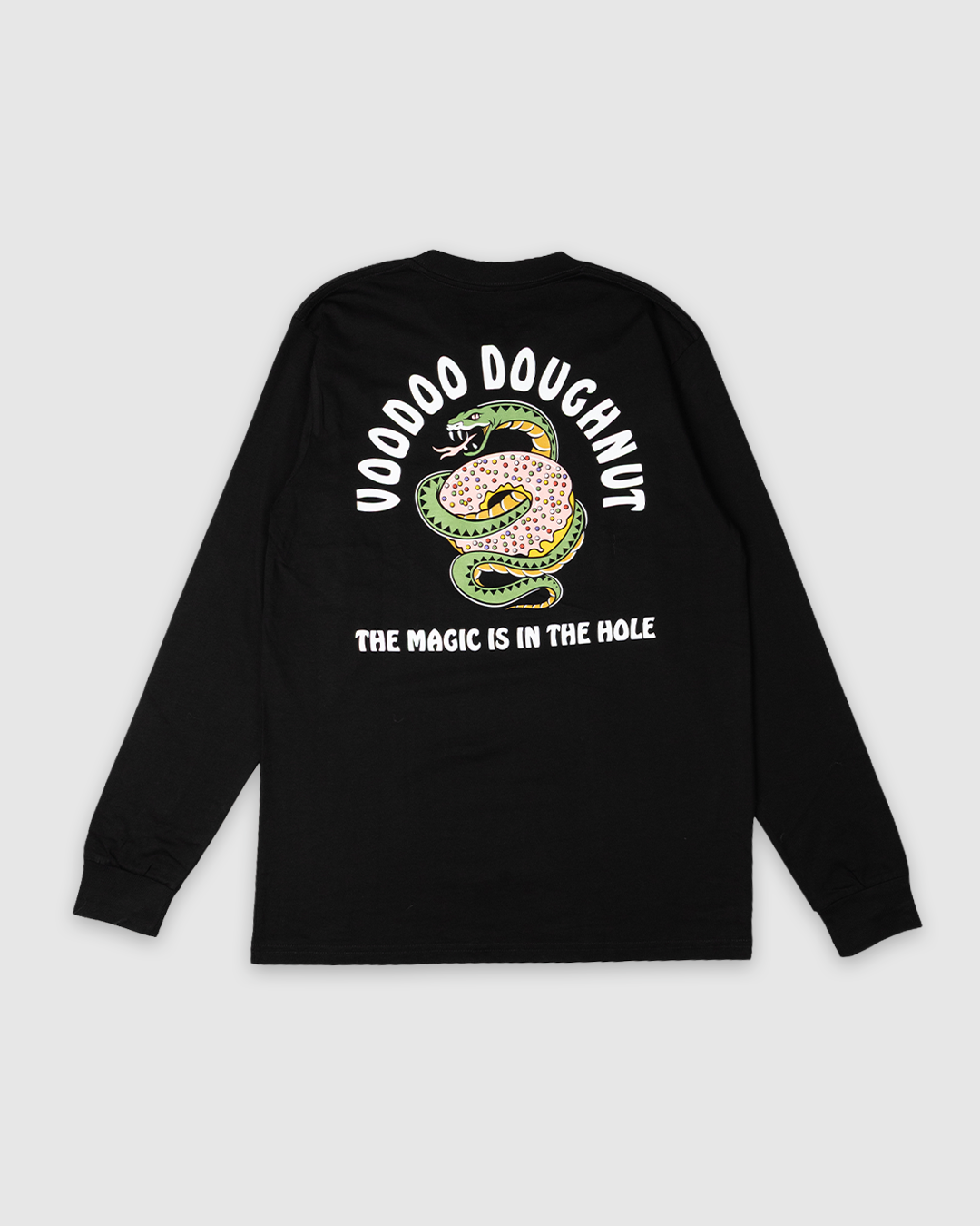 Black long-sleeve shirt with Voodoo Doughnut text and green snake