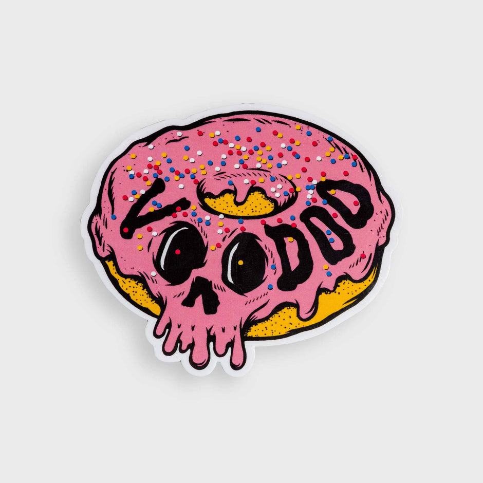 A Voodoo Doughnut shop with a quirky, eclectic atmosphere, featuring eclectic decorations and a colorful donut display case