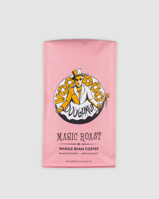 Pink coffee bag with 'Voodoo Doughnut' logo
