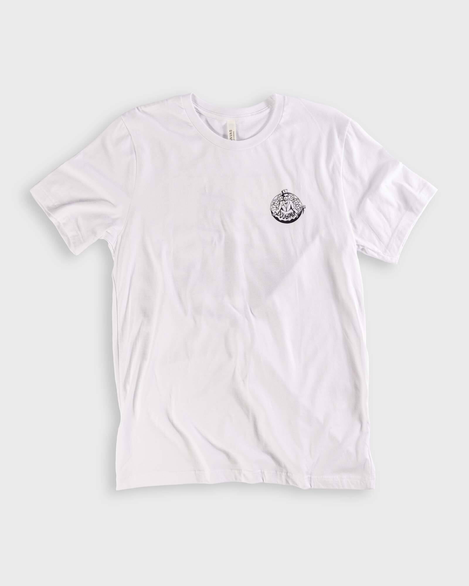 white t-shirt with white voodoo baron logo on front left chest