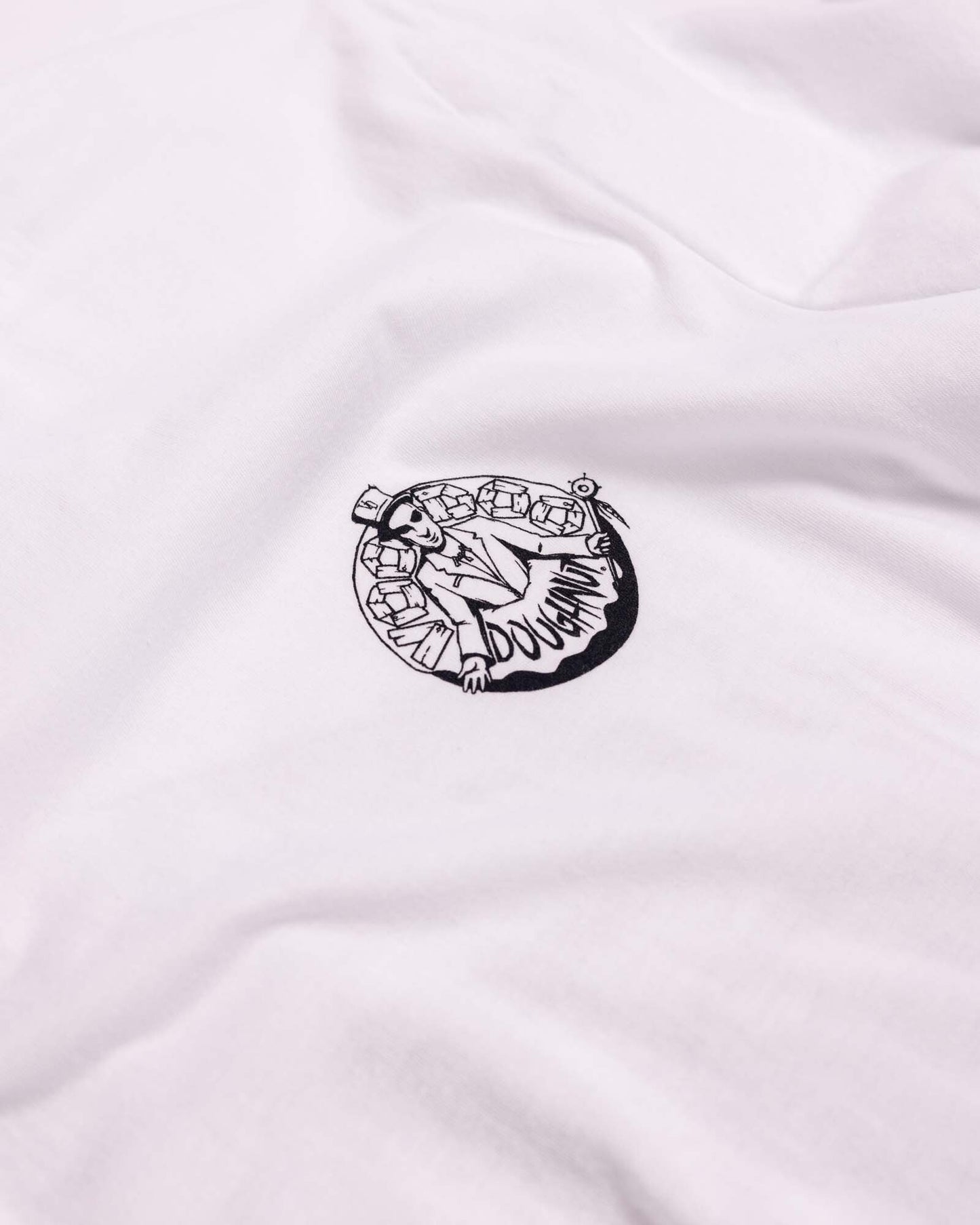 white t-shirt with white voodoo baron logo on front left chest