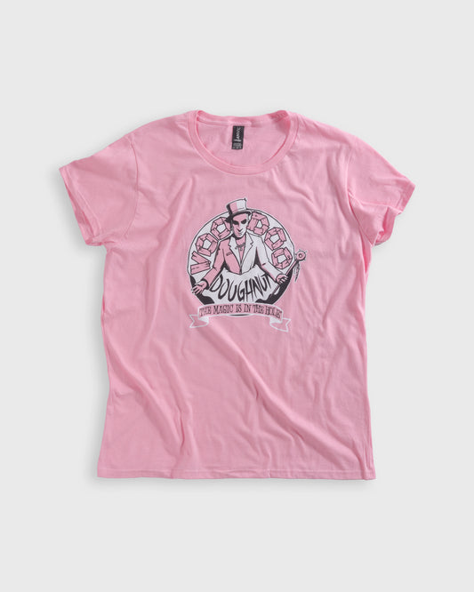 pink t-shirt "Voodoo Doughnut" "The Magic is in the Hole"
