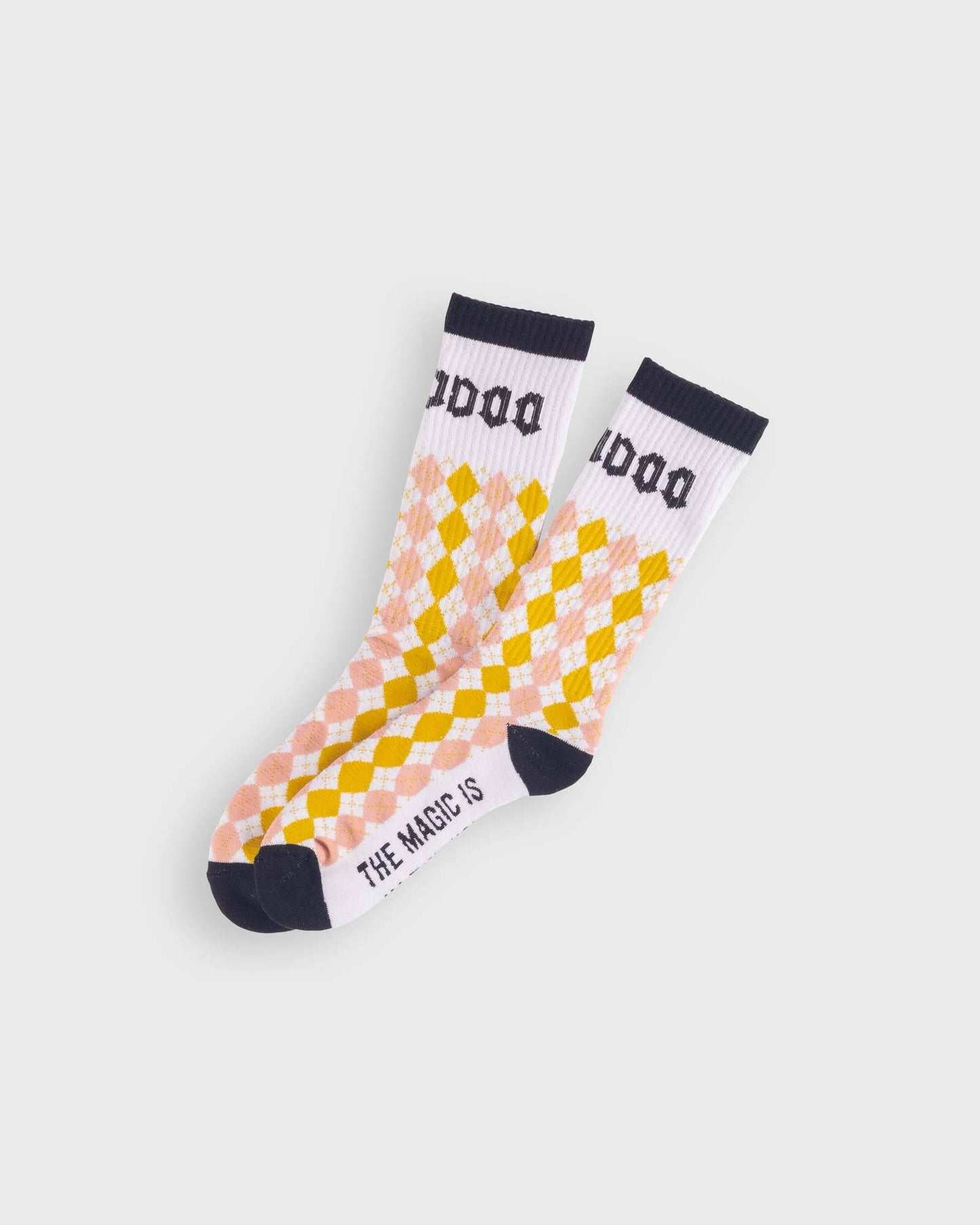 white voodoo socks with gold, pink and black graphics