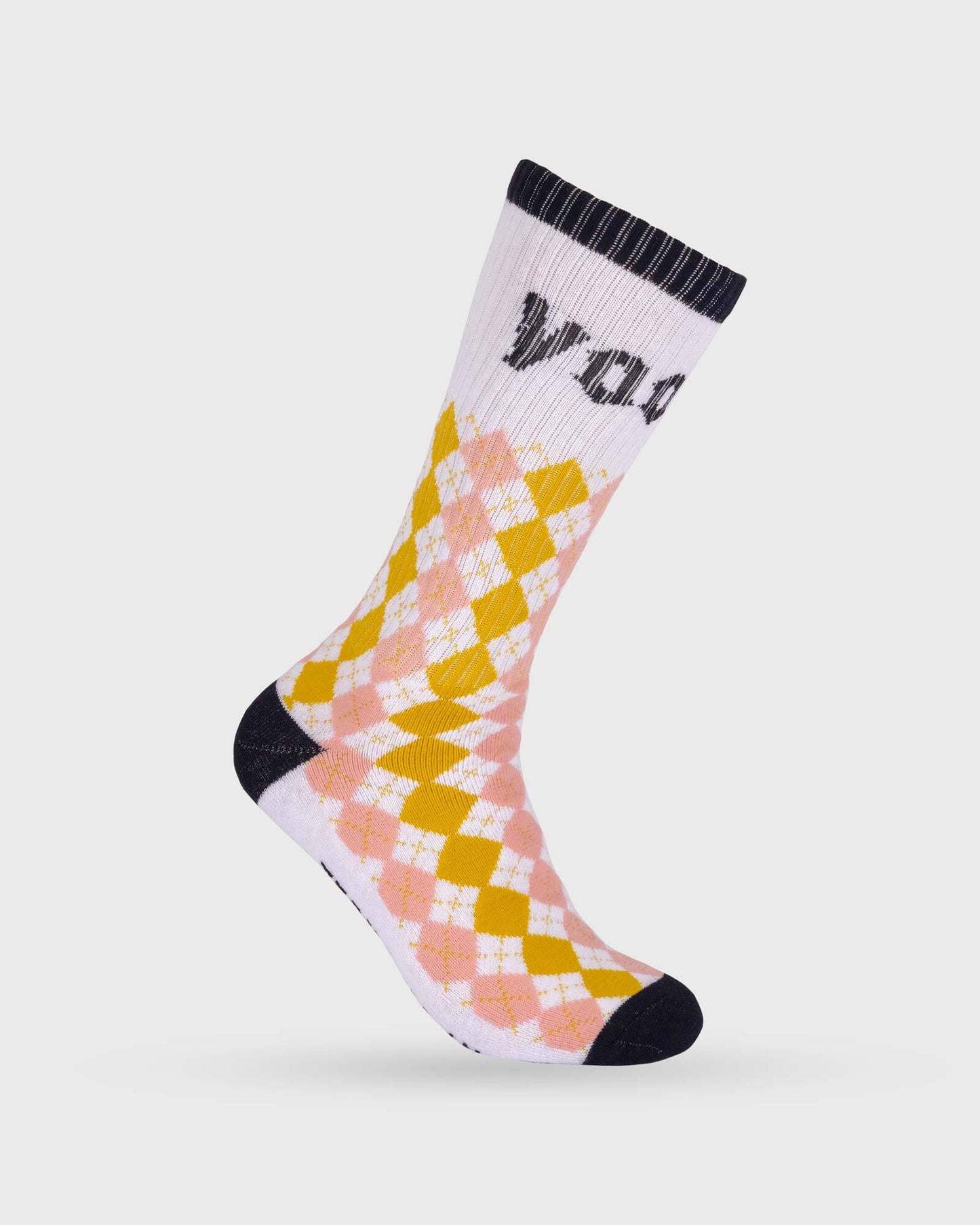 white voodoo socks with gold, pink and black graphics